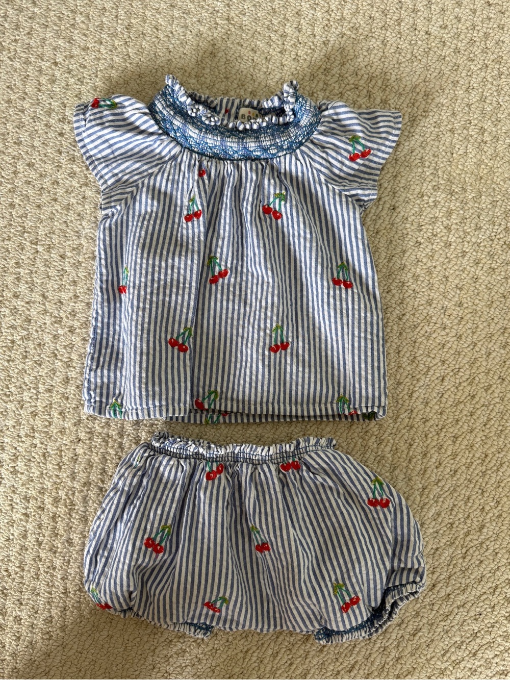 Baby Boden Blue & White Striped Cherry Top and Bottom Matching Set